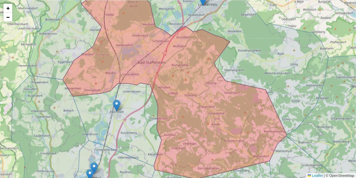 Karte des Postleitzahlen Bereichs  und der umliegenden Postleitzahlen in Deutschland