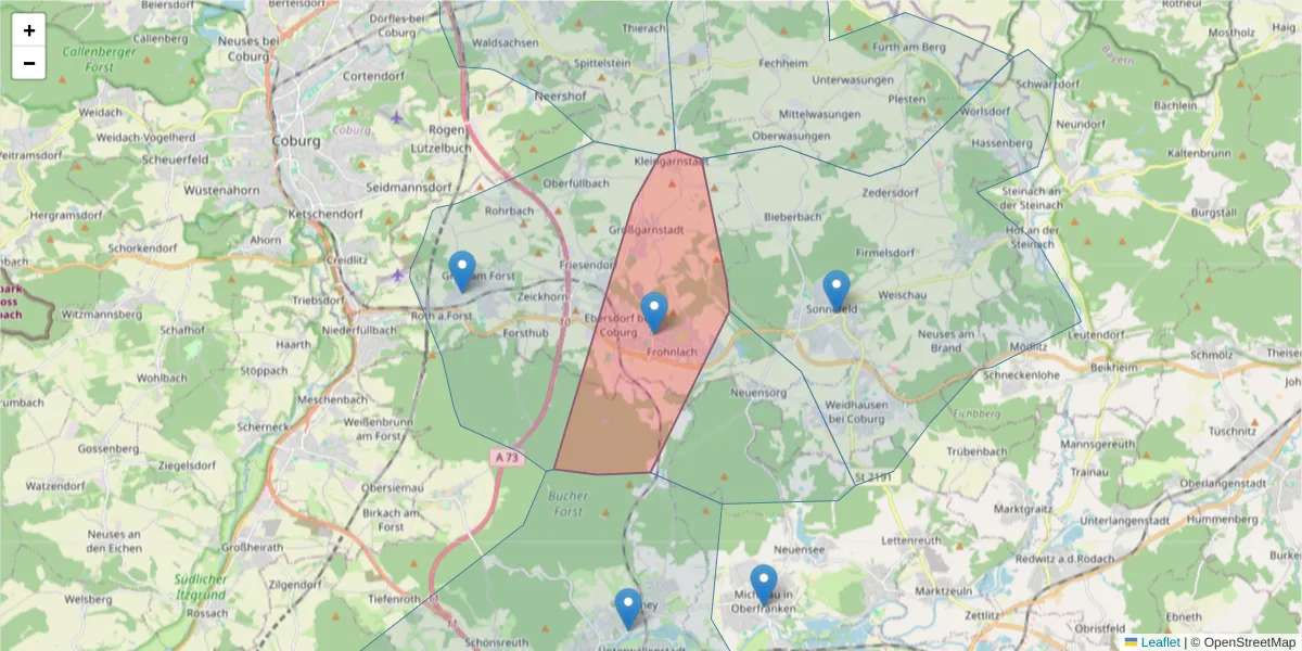 Karte des Postleitzahlen Bereichs  und der umliegenden Postleitzahlen in Deutschland