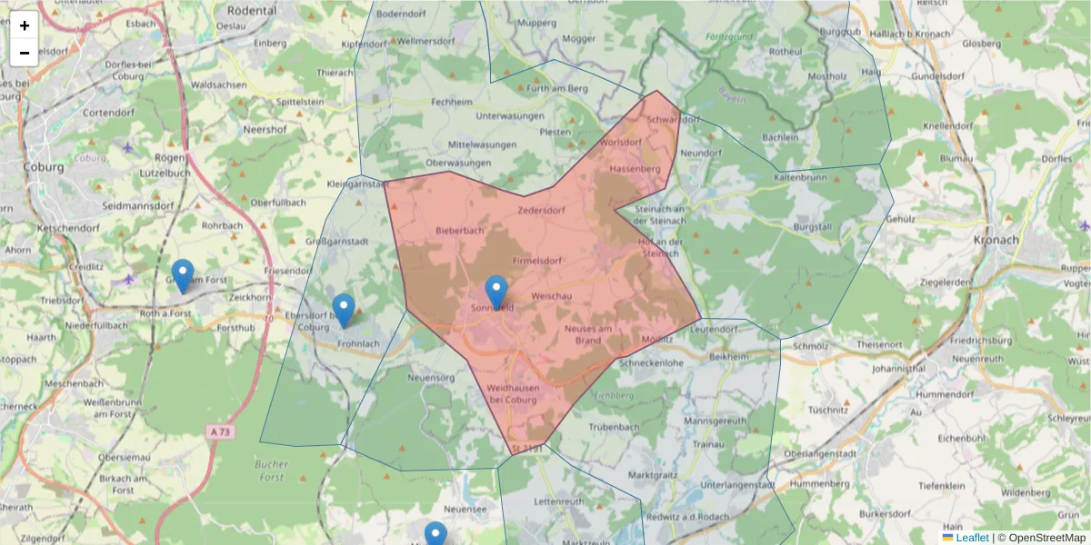 Karte des Postleitzahlen Bereichs  und der umliegenden Postleitzahlen in Deutschland