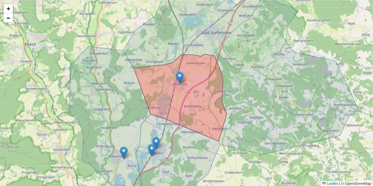Karte des Postleitzahlen Bereichs  und der umliegenden Postleitzahlen in Deutschland