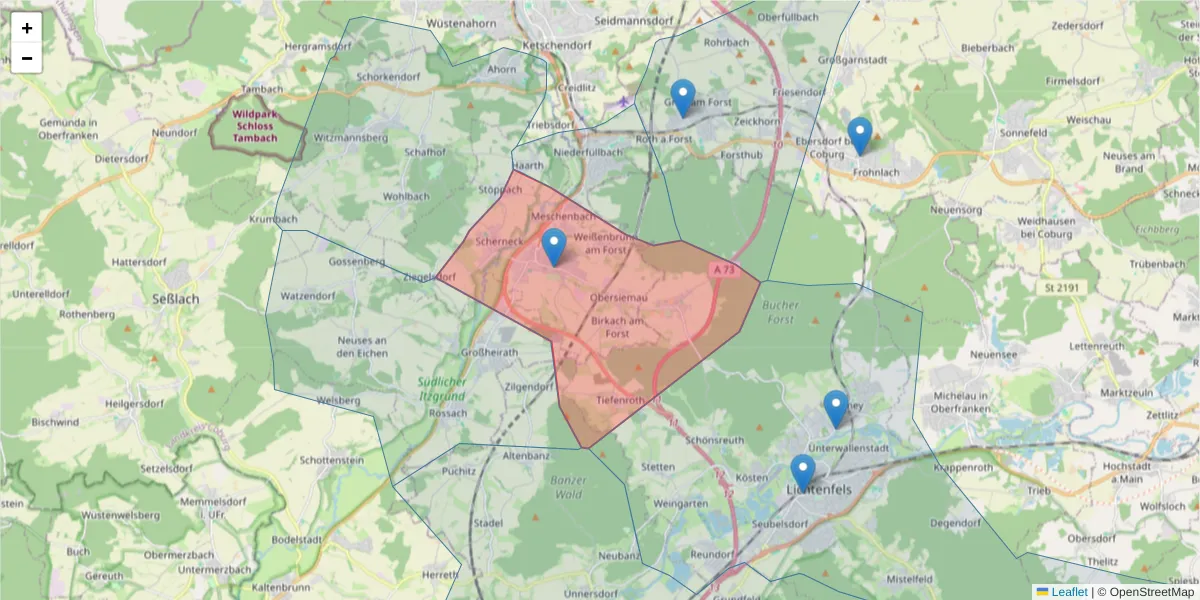 Karte des Postleitzahlen Bereichs  und der umliegenden Postleitzahlen in Deutschland