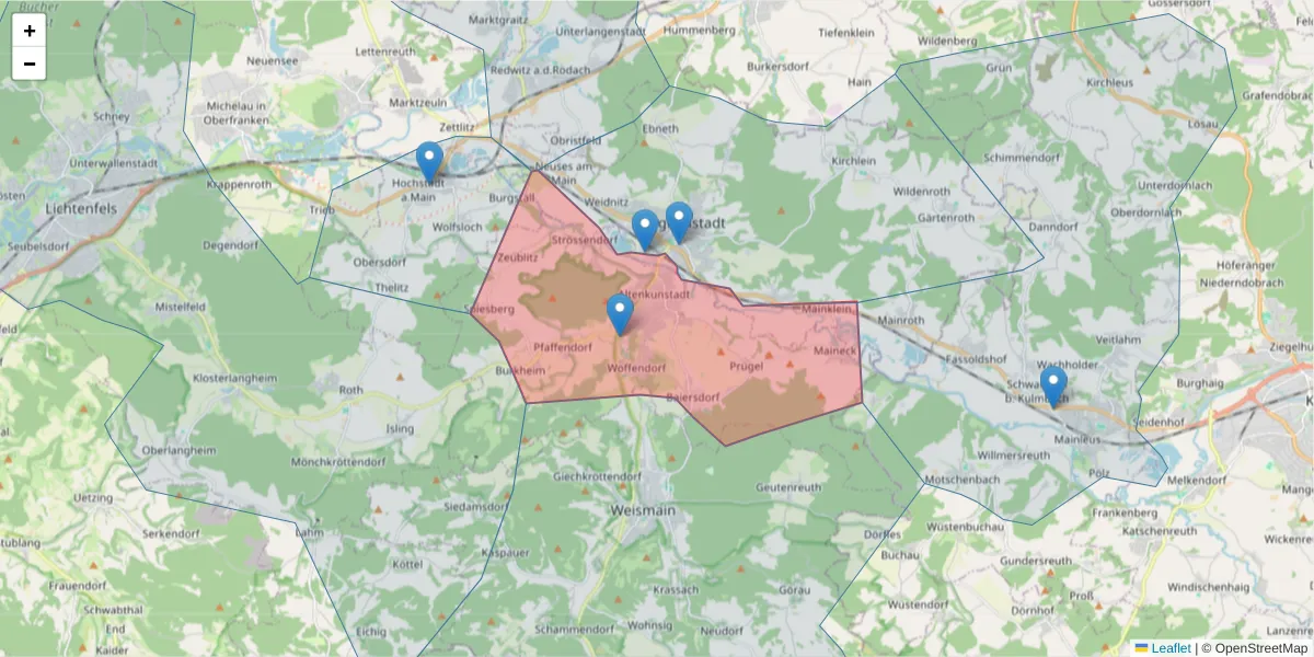 Karte des Postleitzahlen Bereichs  und der umliegenden Postleitzahlen in Deutschland