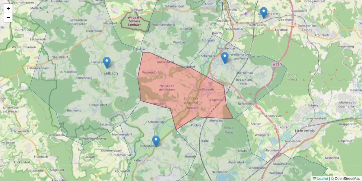 Karte des Postleitzahlen Bereichs  und der umliegenden Postleitzahlen in Deutschland