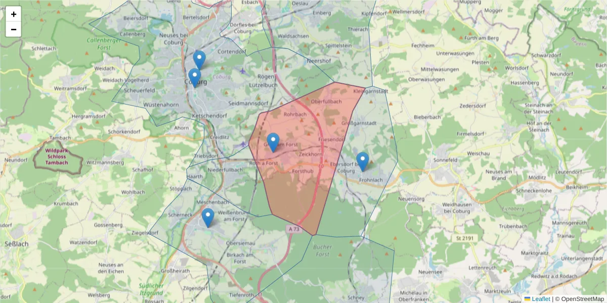 Karte des Postleitzahlen Bereichs  und der umliegenden Postleitzahlen in Deutschland