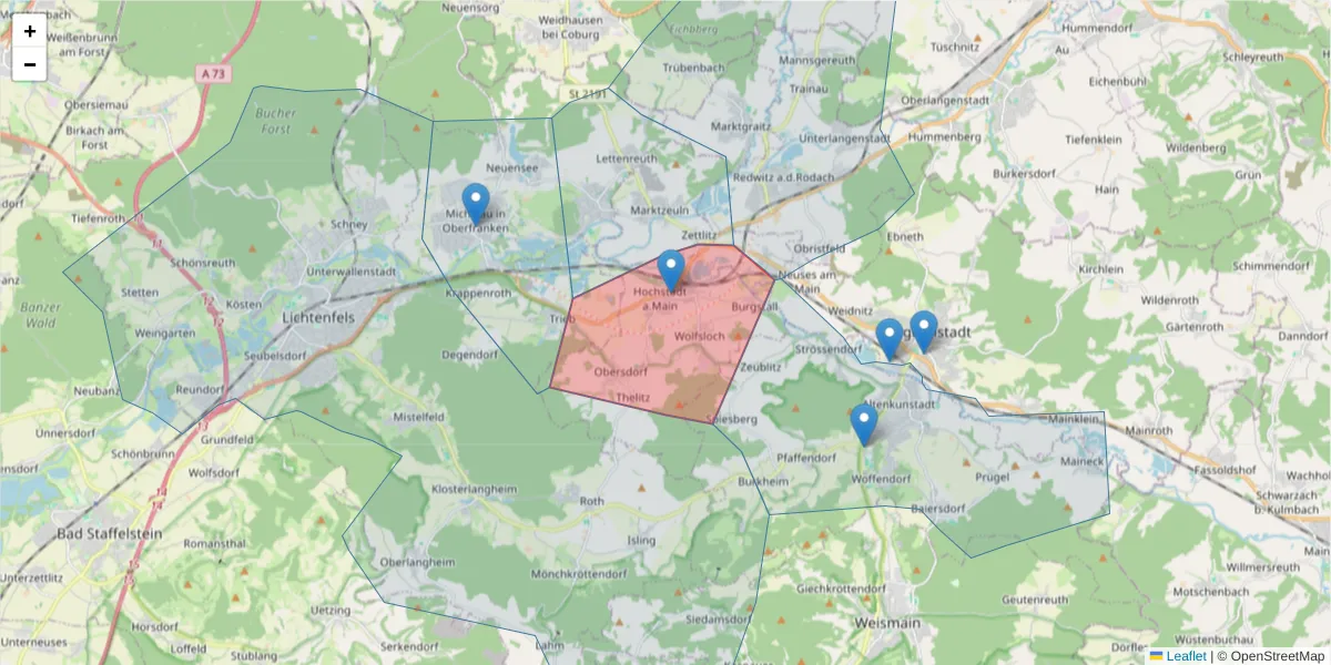 Karte des Postleitzahlen Bereichs  und der umliegenden Postleitzahlen in Deutschland