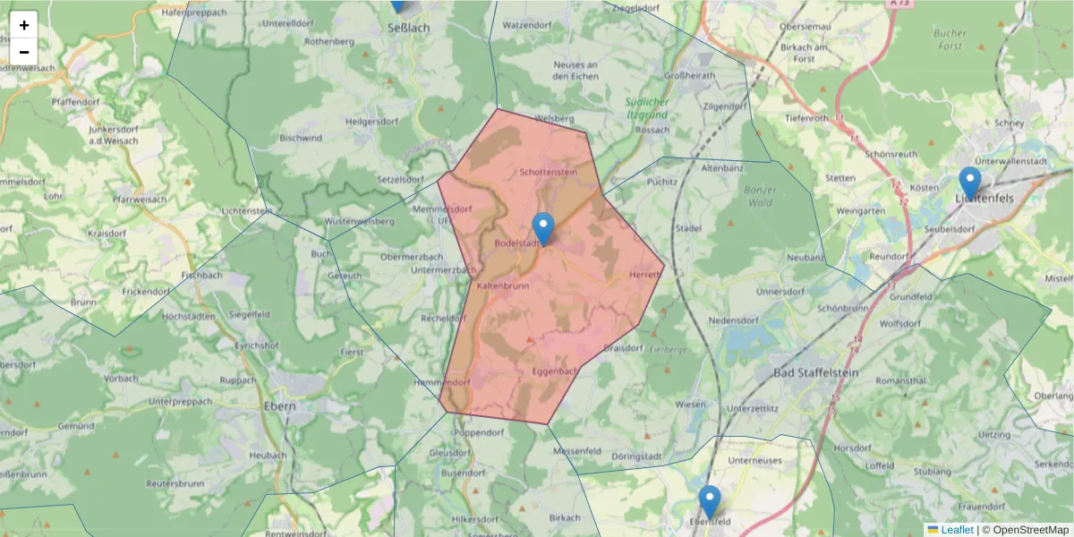 Karte des Postleitzahlen Bereichs  und der umliegenden Postleitzahlen in Deutschland