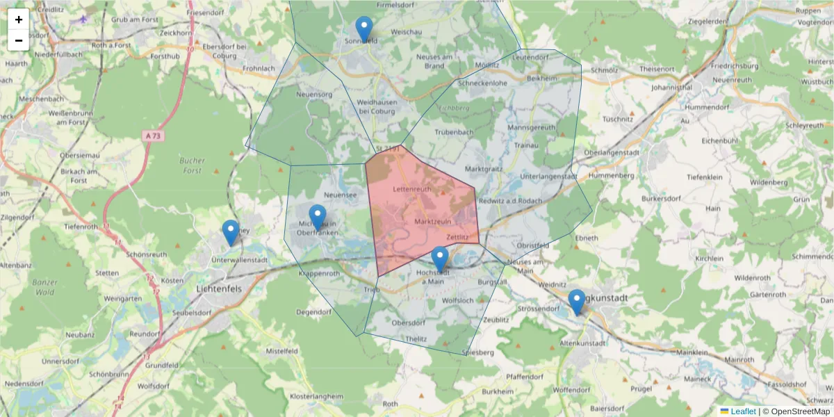 Karte des Postleitzahlen Bereichs  und der umliegenden Postleitzahlen in Deutschland