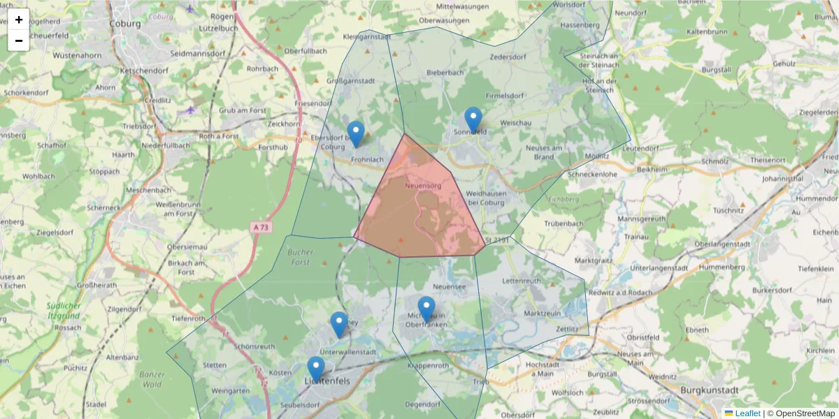 Karte des Postleitzahlen Bereichs  und der umliegenden Postleitzahlen in Deutschland