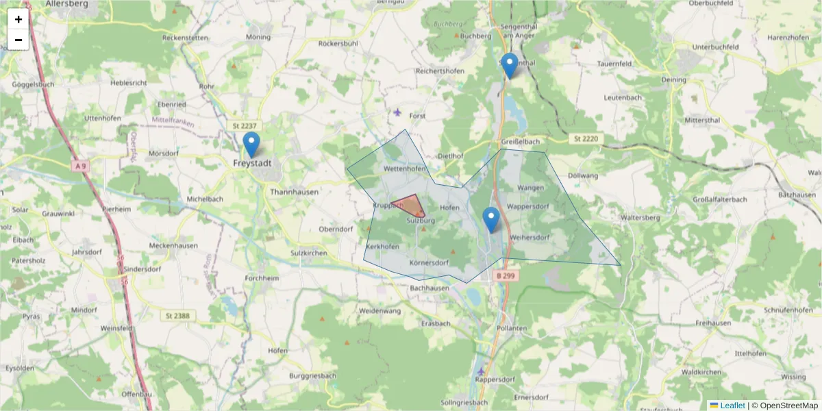 Karte des Postleitzahlen Bereichs  und der umliegenden Postleitzahlen in Deutschland