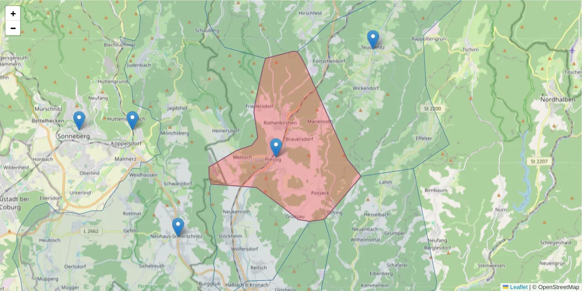 Karte des Postleitzahlen Bereichs  und der umliegenden Postleitzahlen in Deutschland