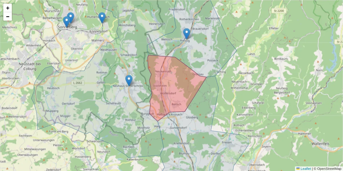 Karte des Postleitzahlen Bereichs  und der umliegenden Postleitzahlen in Deutschland