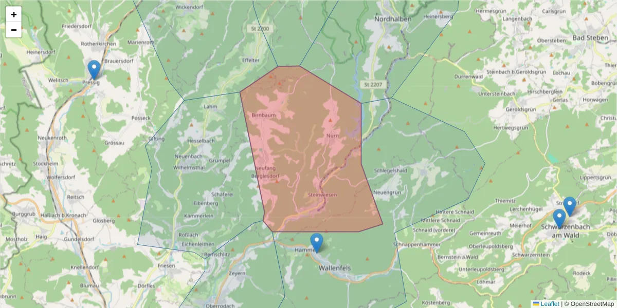 Karte des Postleitzahlen Bereichs  und der umliegenden Postleitzahlen in Deutschland