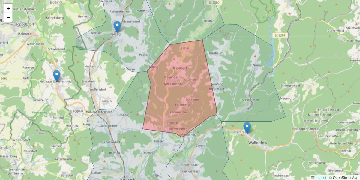 Karte des Postleitzahlen Bereichs  und der umliegenden Postleitzahlen in Deutschland