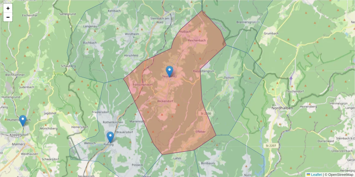 Karte des Postleitzahlen Bereichs  und der umliegenden Postleitzahlen in Deutschland