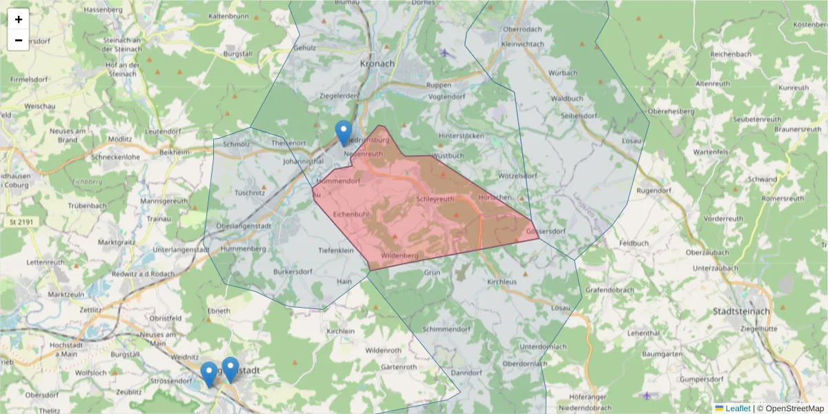 Karte des Postleitzahlen Bereichs  und der umliegenden Postleitzahlen in Deutschland