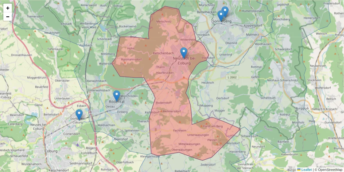 Karte des Postleitzahlen Bereichs  und der umliegenden Postleitzahlen in Deutschland
