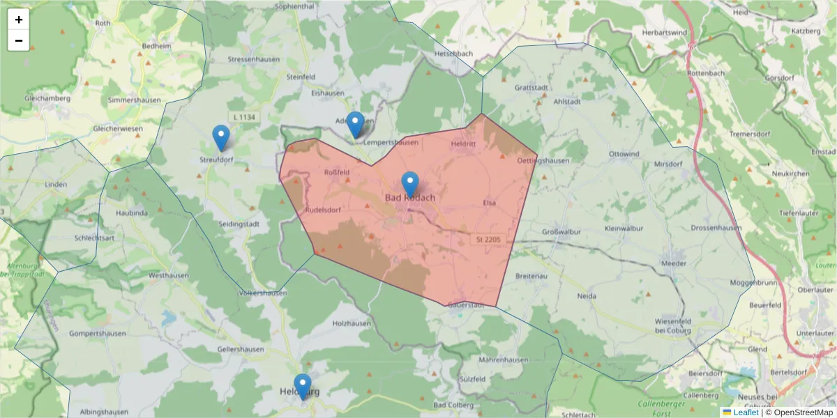 Karte des Postleitzahlen Bereichs  und der umliegenden Postleitzahlen in Deutschland