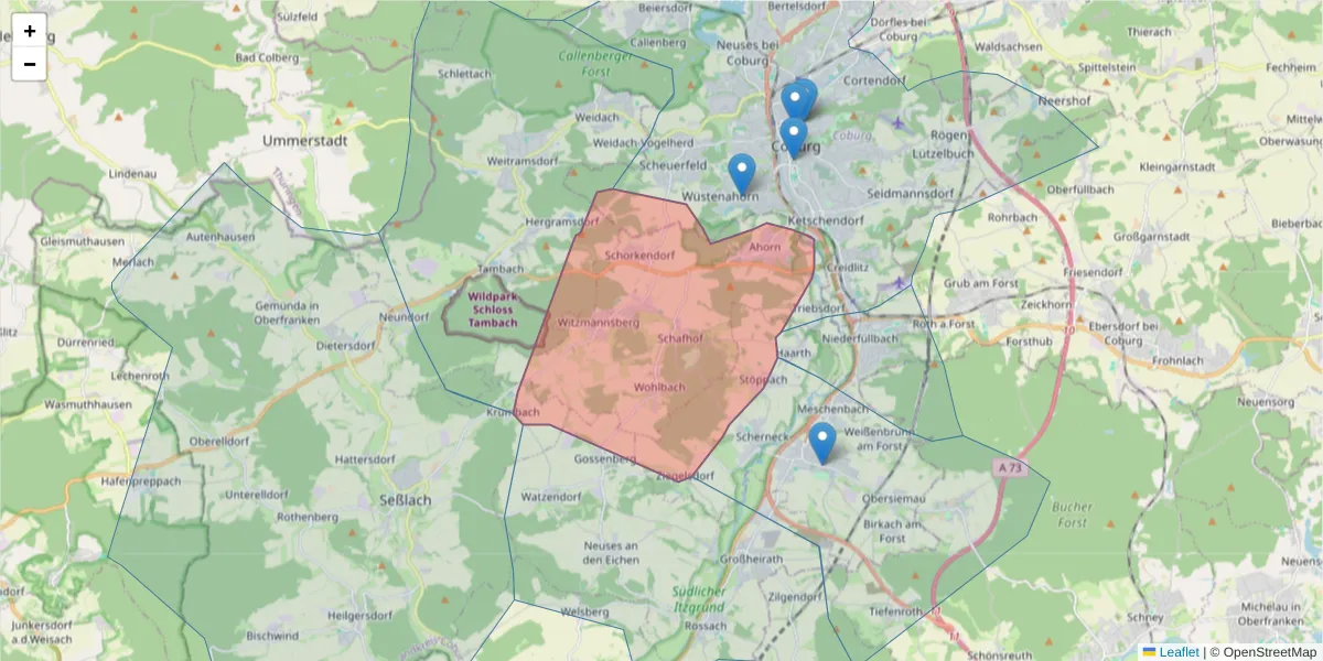 Karte des Postleitzahlen Bereichs  und der umliegenden Postleitzahlen in Deutschland