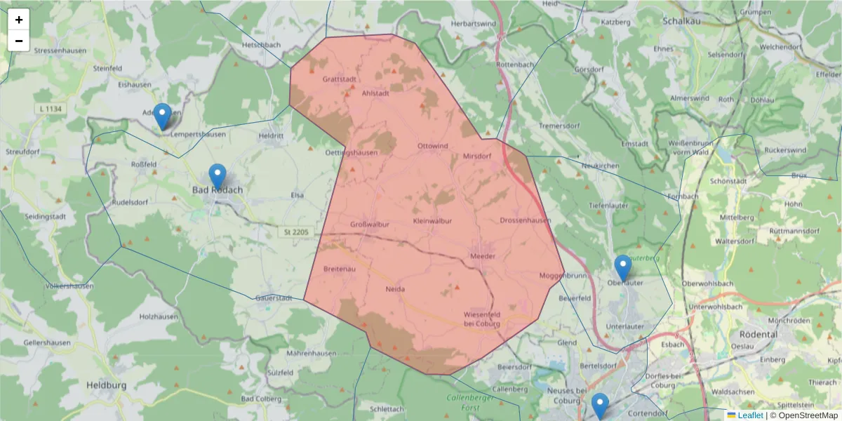 Karte des Postleitzahlen Bereichs  und der umliegenden Postleitzahlen in Deutschland