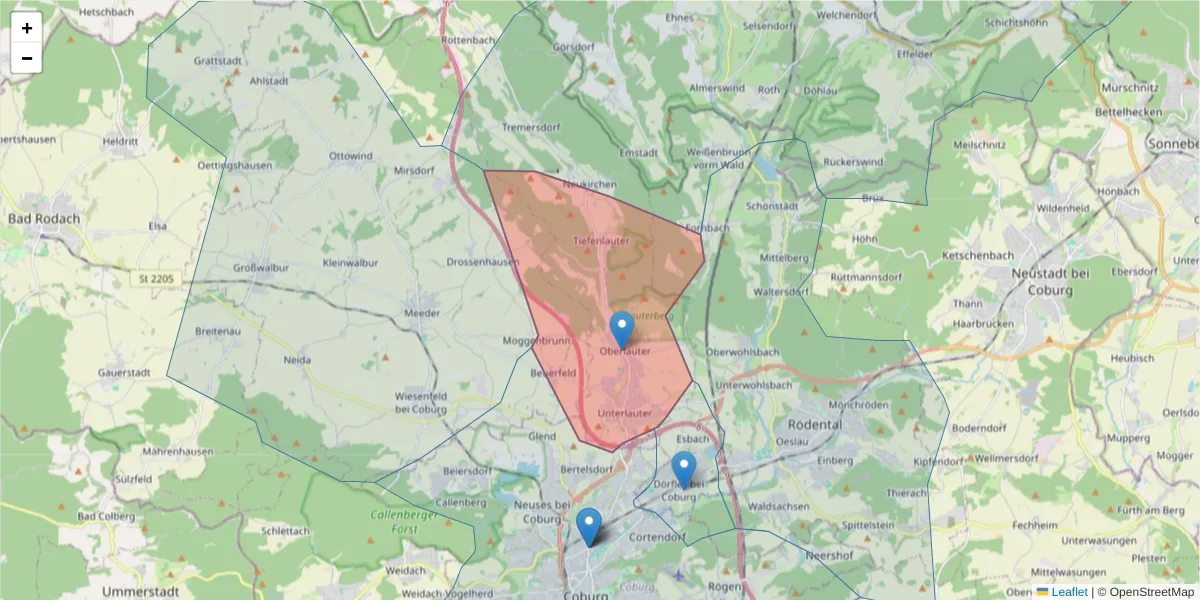 Karte des Postleitzahlen Bereichs  und der umliegenden Postleitzahlen in Deutschland