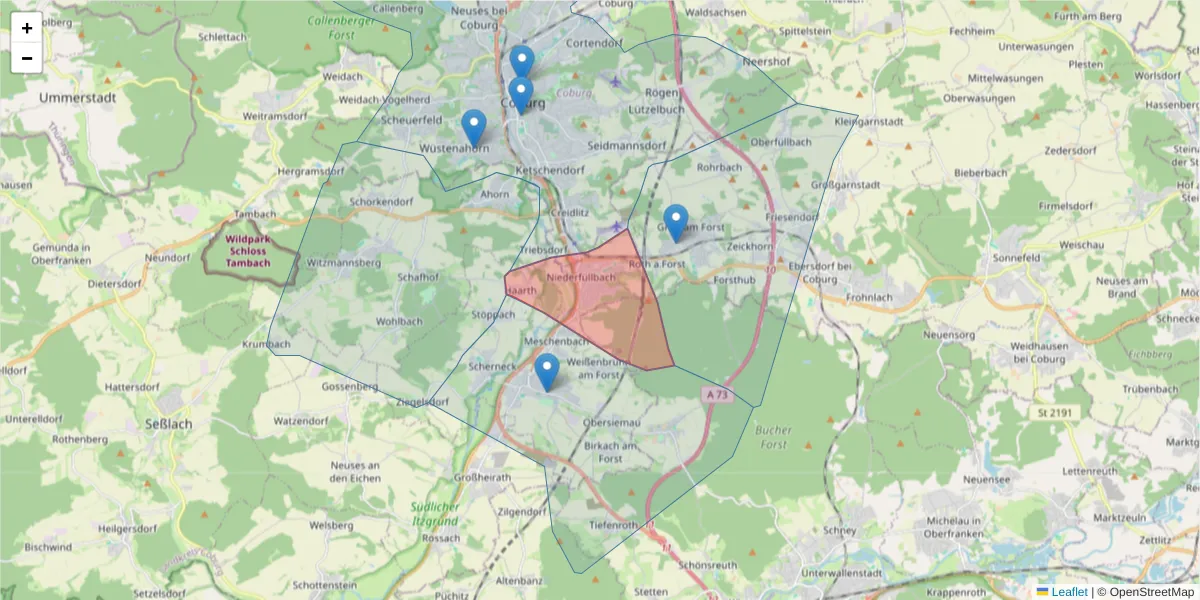 Karte des Postleitzahlen Bereichs  und der umliegenden Postleitzahlen in Deutschland