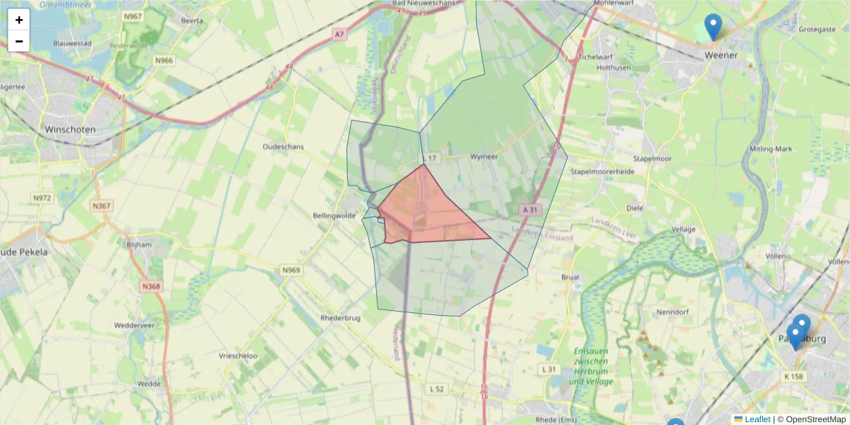 Karte des Postleitzahlen Bereichs  und der umliegenden Postleitzahlen in Deutschland