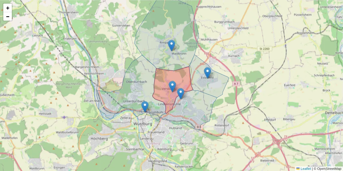 Karte des Postleitzahlen Bereichs  und der umliegenden Postleitzahlen in Deutschland