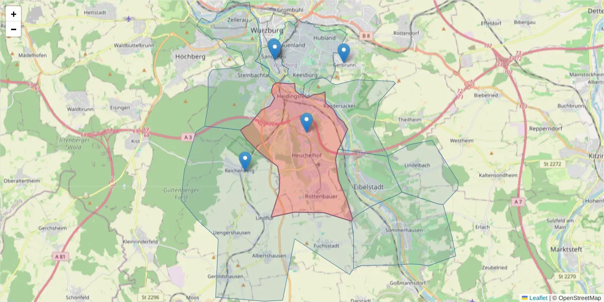 Karte des Postleitzahlen Bereichs  und der umliegenden Postleitzahlen in Deutschland