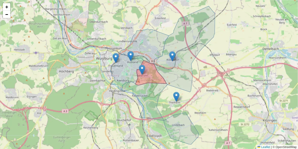 Karte des Postleitzahlen Bereichs  und der umliegenden Postleitzahlen in Deutschland