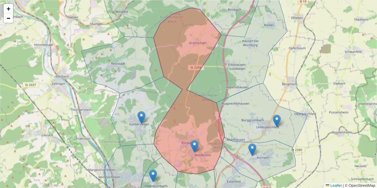 Karte des Postleitzahlen Bereichs  und der umliegenden Postleitzahlen in Deutschland