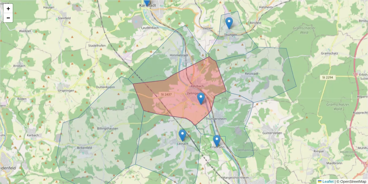 Karte des Postleitzahlen Bereichs  und der umliegenden Postleitzahlen in Deutschland