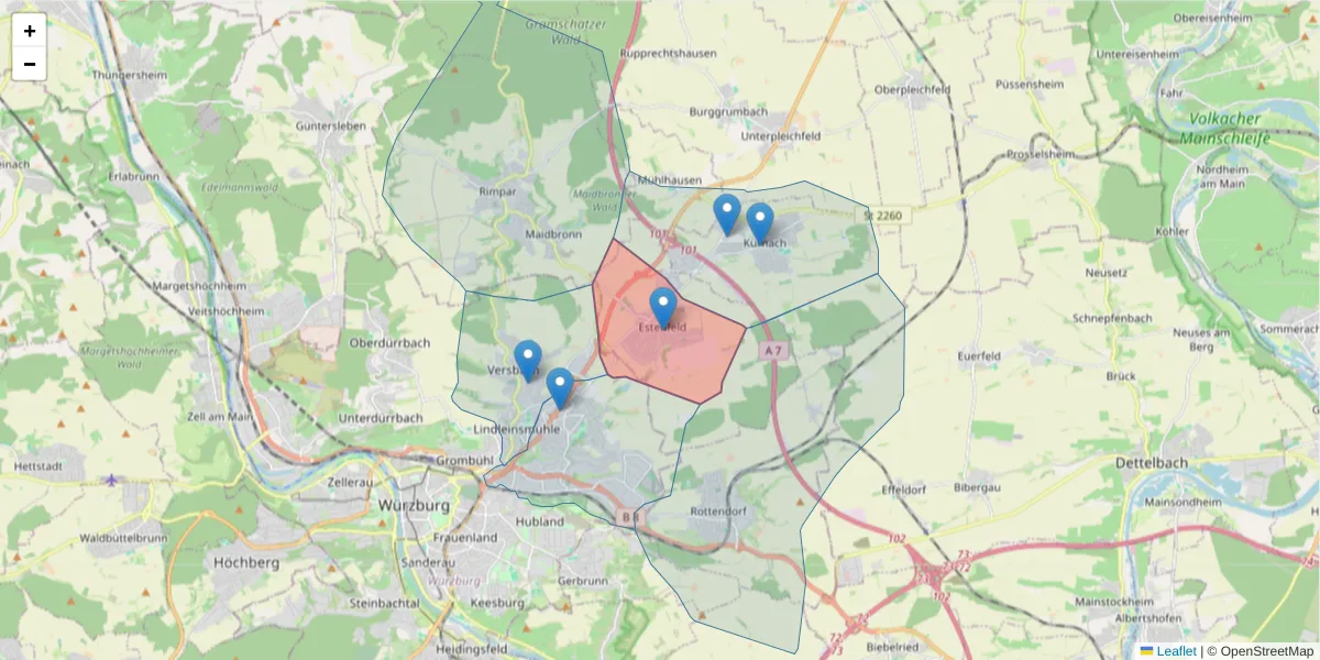 Karte des Postleitzahlen Bereichs  und der umliegenden Postleitzahlen in Deutschland