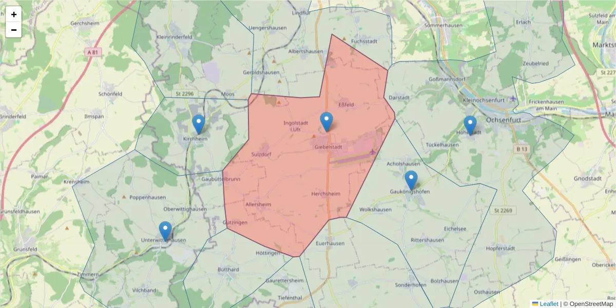 Karte des Postleitzahlen Bereichs  und der umliegenden Postleitzahlen in Deutschland
