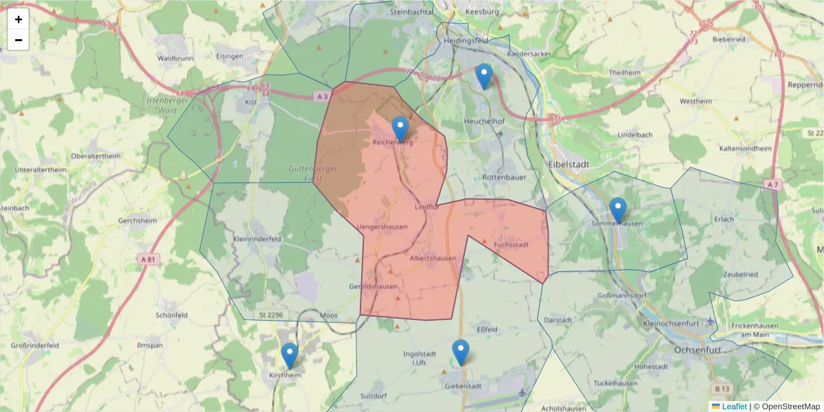 Karte des Postleitzahlen Bereichs  und der umliegenden Postleitzahlen in Deutschland