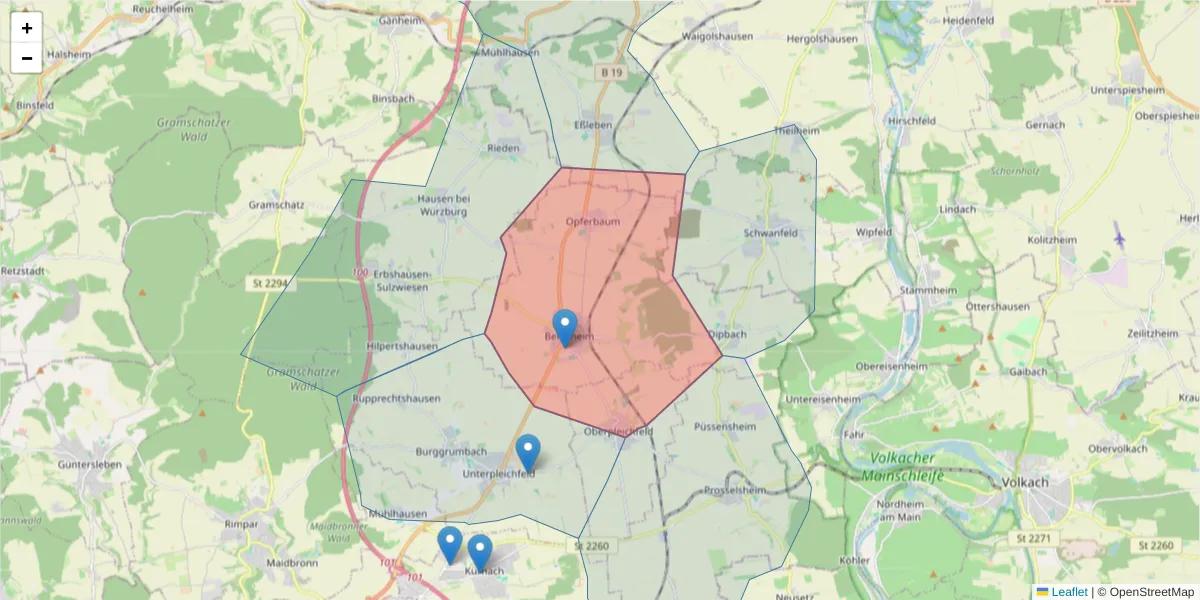 Karte des Postleitzahlen Bereichs  und der umliegenden Postleitzahlen in Deutschland