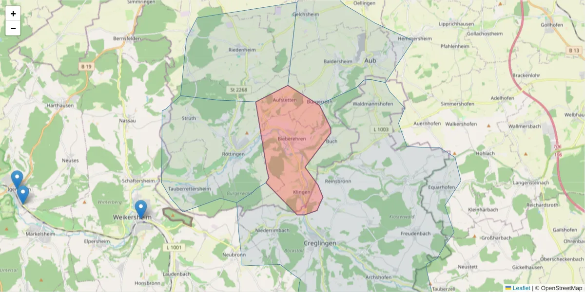 Karte des Postleitzahlen Bereichs  und der umliegenden Postleitzahlen in Deutschland