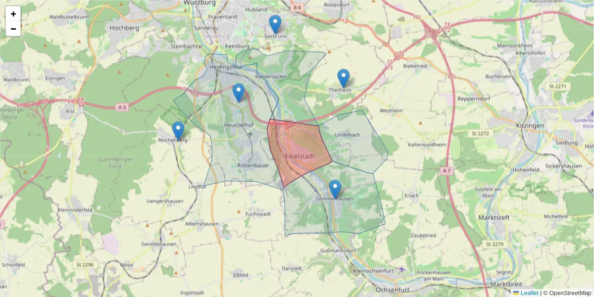 Karte des Postleitzahlen Bereichs  und der umliegenden Postleitzahlen in Deutschland