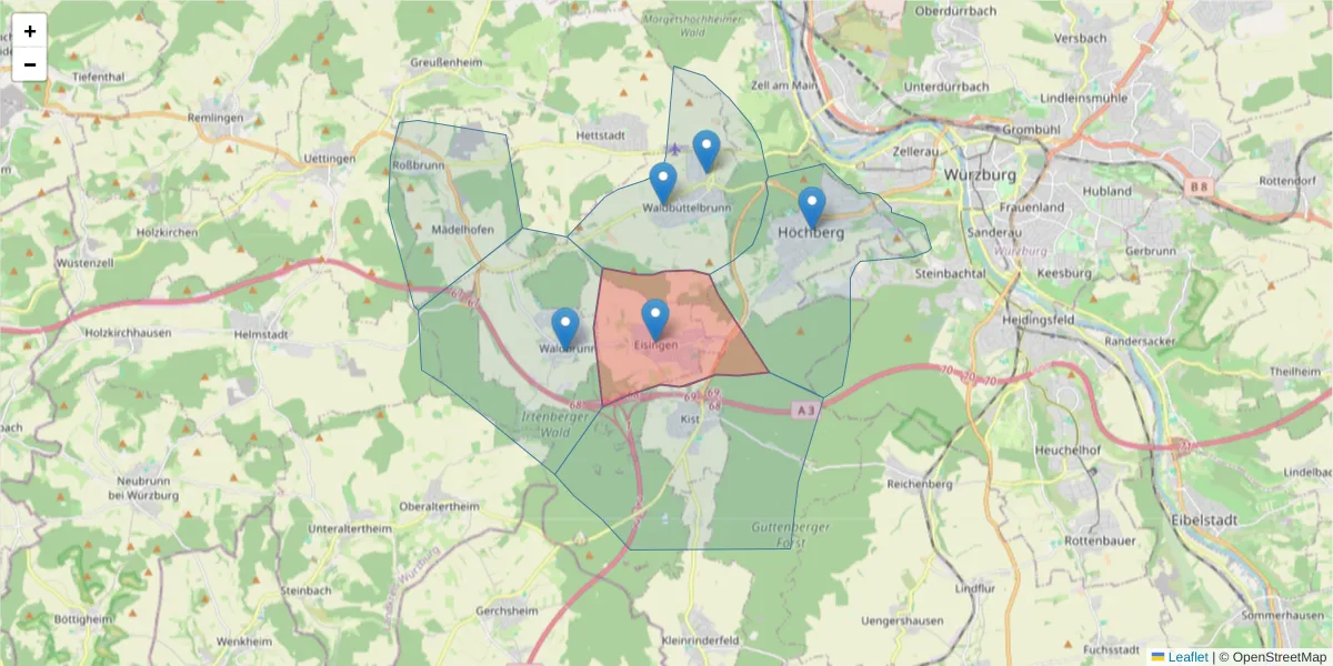 Karte des Postleitzahlen Bereichs  und der umliegenden Postleitzahlen in Deutschland