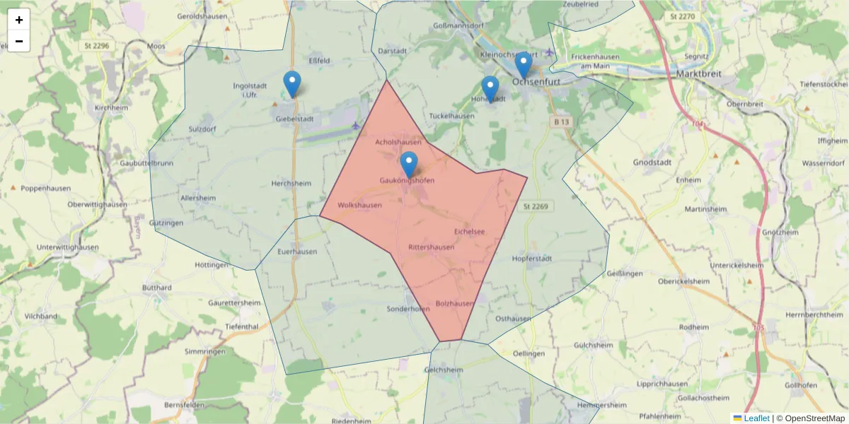 Karte des Postleitzahlen Bereichs  und der umliegenden Postleitzahlen in Deutschland