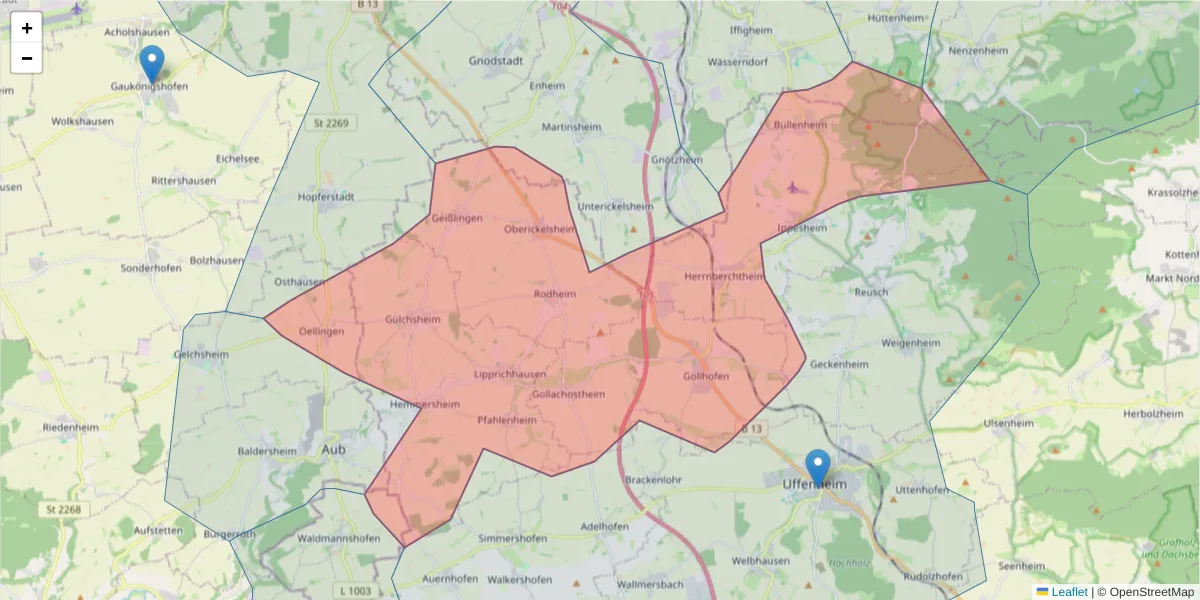 Karte des Postleitzahlen Bereichs  und der umliegenden Postleitzahlen in Deutschland
