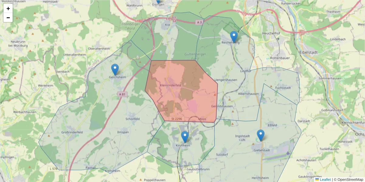 Karte des Postleitzahlen Bereichs  und der umliegenden Postleitzahlen in Deutschland