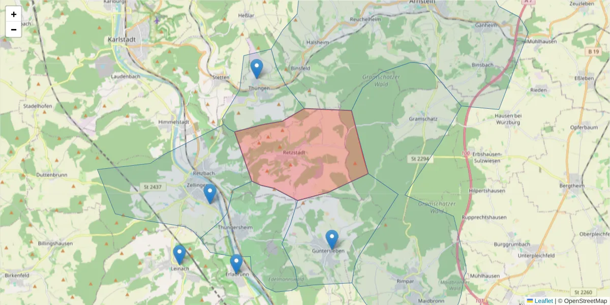 Karte des Postleitzahlen Bereichs  und der umliegenden Postleitzahlen in Deutschland