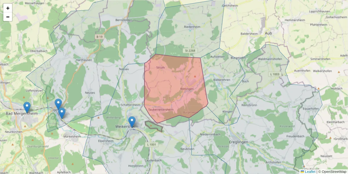 Karte des Postleitzahlen Bereichs  und der umliegenden Postleitzahlen in Deutschland