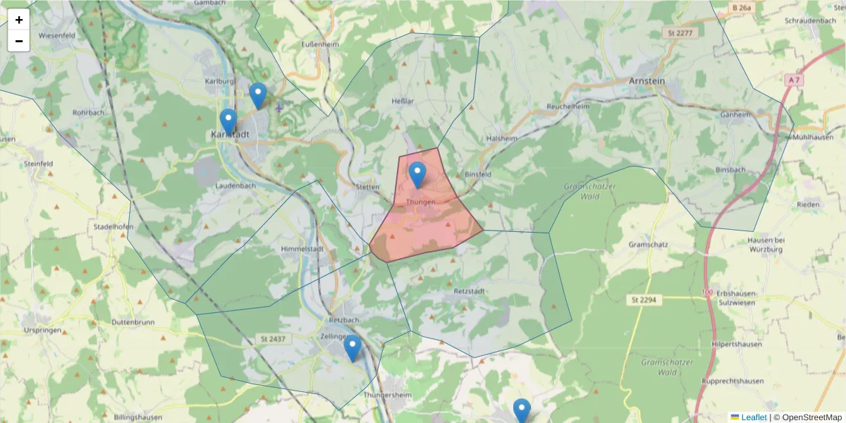 Karte des Postleitzahlen Bereichs  und der umliegenden Postleitzahlen in Deutschland