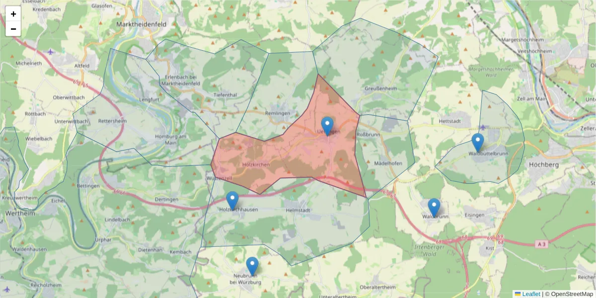 Karte des Postleitzahlen Bereichs  und der umliegenden Postleitzahlen in Deutschland