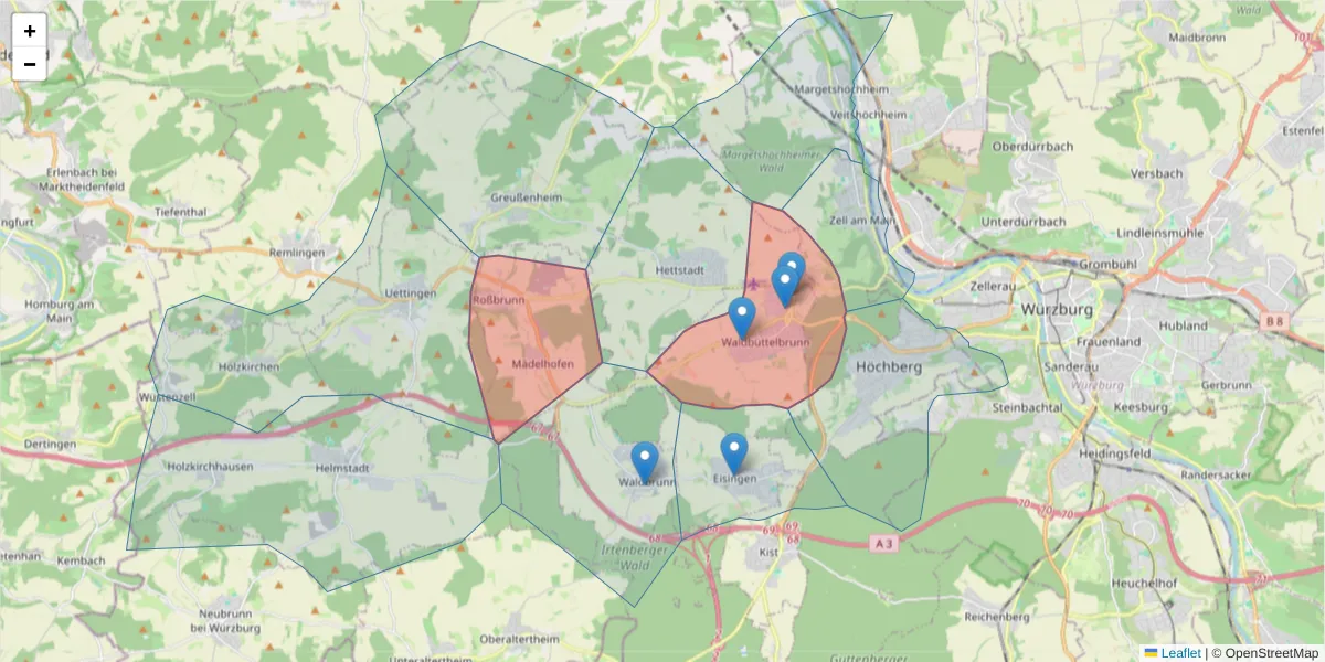 Karte des Postleitzahlen Bereichs  und der umliegenden Postleitzahlen in Deutschland