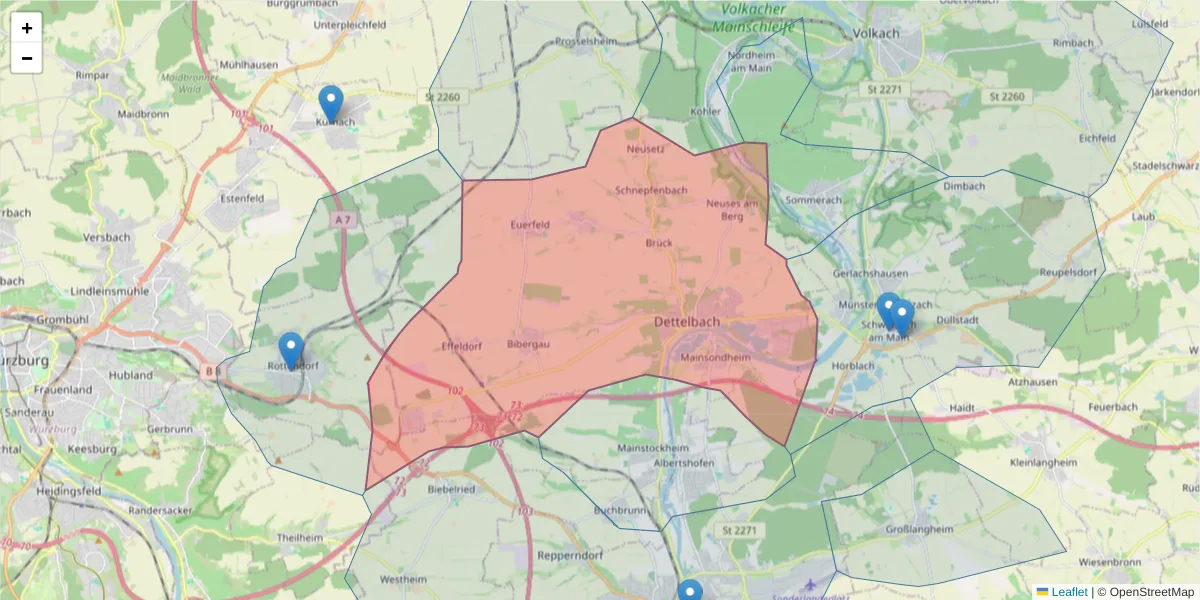 Karte des Postleitzahlen Bereichs  und der umliegenden Postleitzahlen in Deutschland