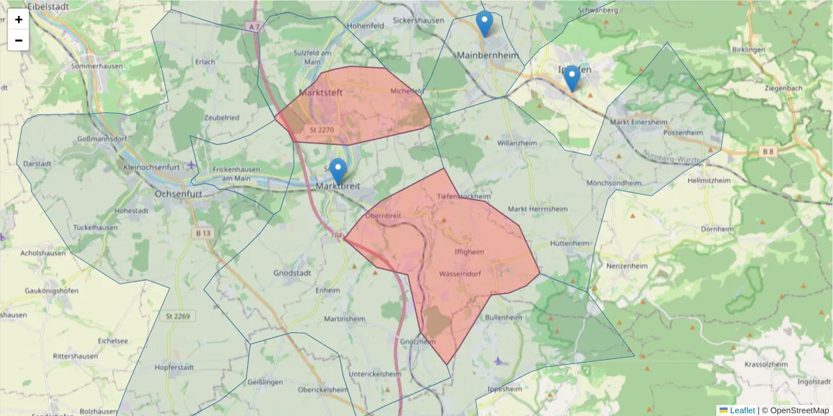 Karte des Postleitzahlen Bereichs  und der umliegenden Postleitzahlen in Deutschland