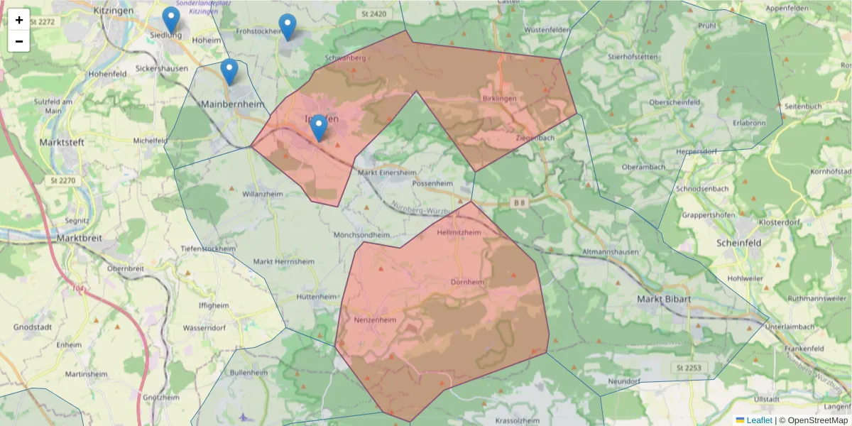 Karte des Postleitzahlen Bereichs  und der umliegenden Postleitzahlen in Deutschland