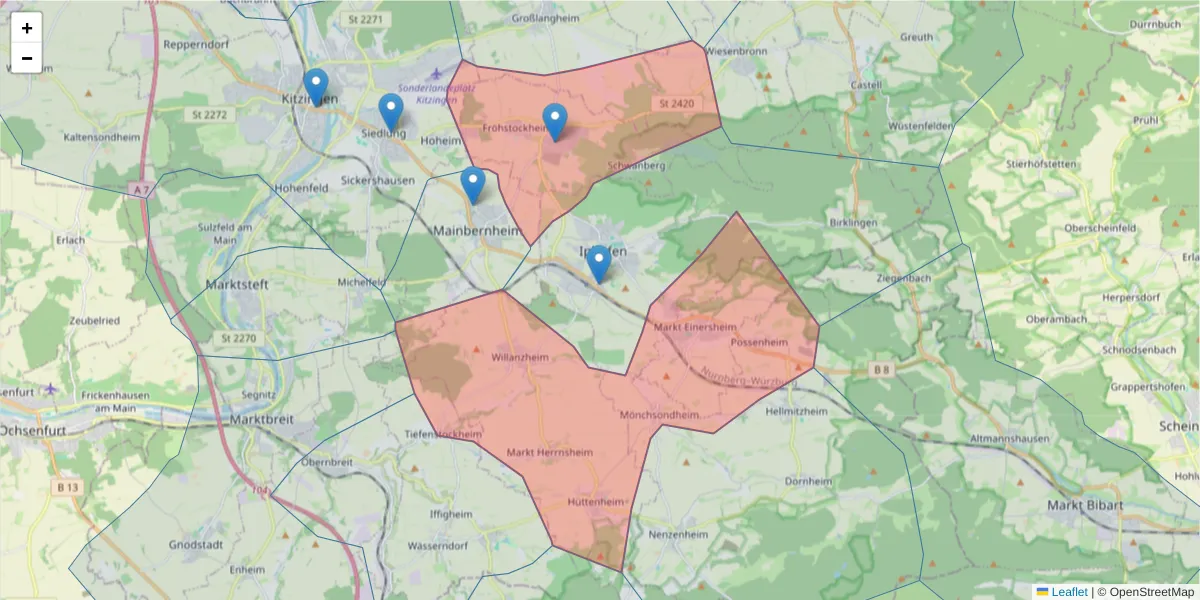 Karte des Postleitzahlen Bereichs  und der umliegenden Postleitzahlen in Deutschland